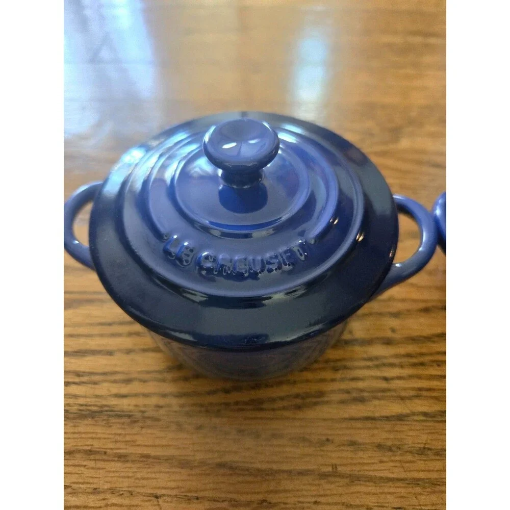 Set of 2 Le Creuset 8oz Mini Round Cocottes Stoneware Cobalt Blue
